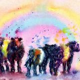 painting with Belties, Belted Galloway cows under a rainbow.