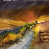 Cottage along the Track painting of a cottage along a track with a stormy sky behind by Susan Metcalfe Art