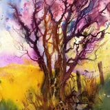 Tree, with a golden field behind and two Robins perched on post in the foreground