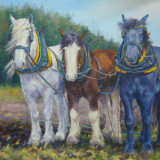 3 plough horses in landscape setting, oil painting