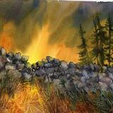 Over The Dyke <font color ="red">SOLD</FONT> painting of a stone dyke with dramatic sky behind it by Susan Metcalfe Art