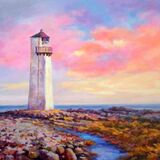 Southerness Lighthouse, painting, with a sunset coloured sky of pink and blue