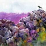 To The heather Beyond <font color ="red">SOLD</font> painting of stone dyke with heather and a bird by Susan Metcalfe Art