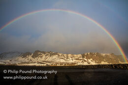 Rainbow over Vik church in Iceland