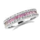 WHITE GOLD DIAMOND AND PRINCESS CUT PINK SAPPHIRE 3 ROW HALF ETERNITY RING