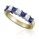 YELLOW AND WHITE GOLD PRINCESS CUT DIAMOND AND TANZANITE CLAW SET 7 STONE HALF ETERNITY RING