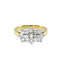 YELLOW AND WHITE GOLD ROUND AND BAGUETTE DIAMOND CLUSTER DRESS RING