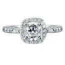 CUSHION CUT DIAMOND CLUSTER RING WITH ROUND DIAMOND SHOULDERS