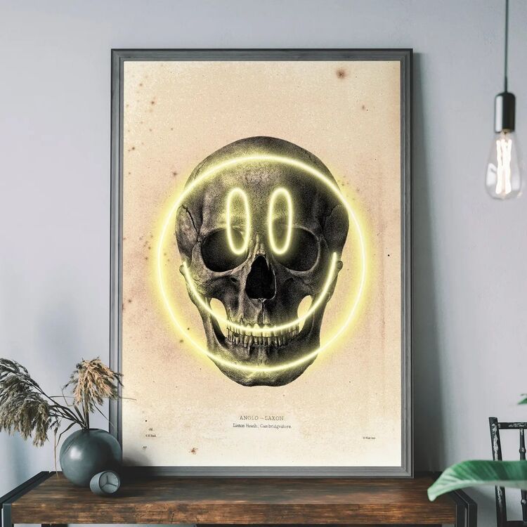Neon Happy Skull Framed Art Print