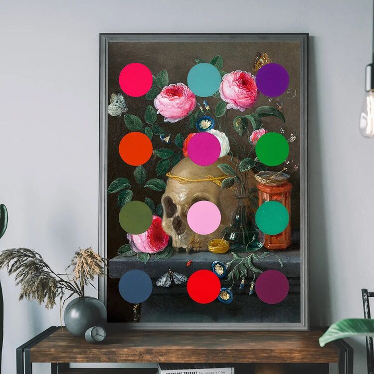 Modern Art Dots Still Life Skull and Flowers Framed Art Print