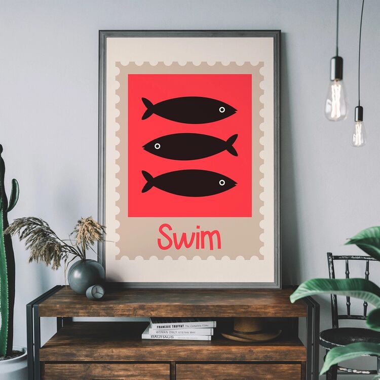 Swim Postage Stamp Style Kids Framed Art Print