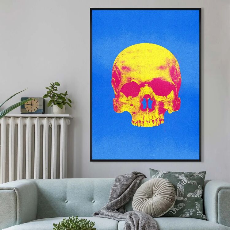 Pop Art Warhol Style Blue & Yellow Skull Framed Art Print
