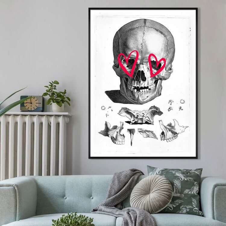 Vintage Skull Drawing Lipstick Eyes Framed Art Print