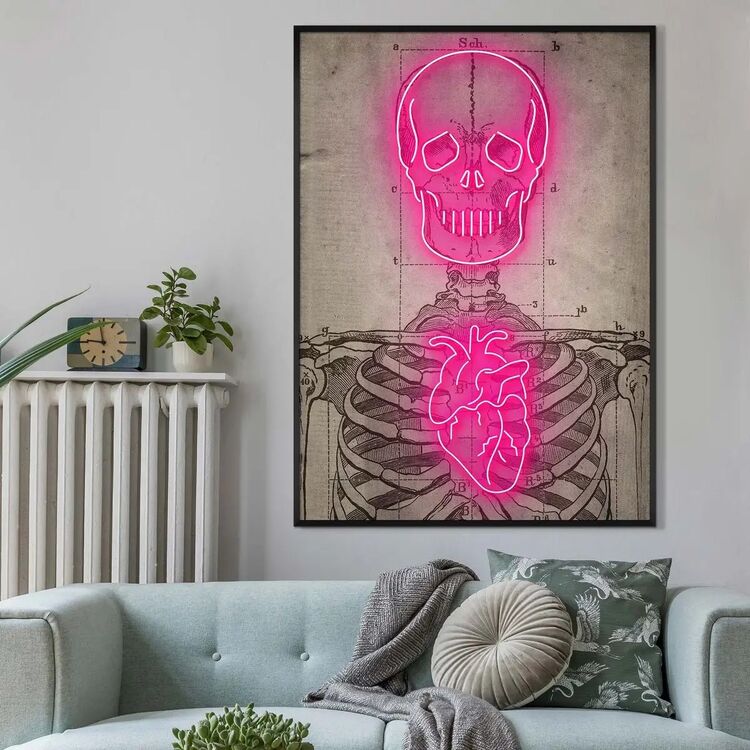 Neon Skeleton Vintage Diagram Framed Art Print