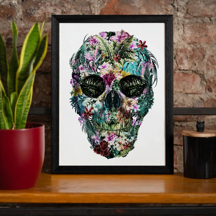 Tropical Skull White Print - Day of the Dead Style Framed Art Print