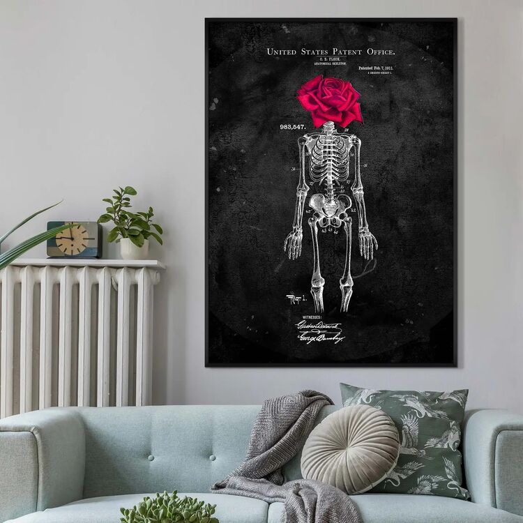 Skeleton Rose Print Black Framed Art Print