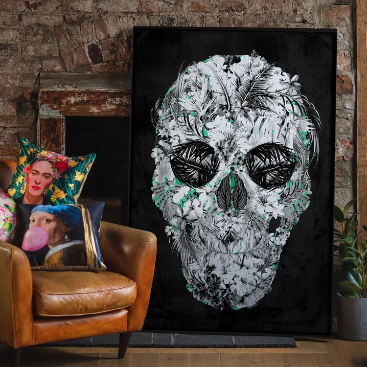 Tropical Skull Black and White Framed Art Print