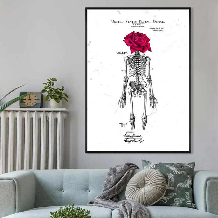 Skeleton Rose Print White Framed Art Print