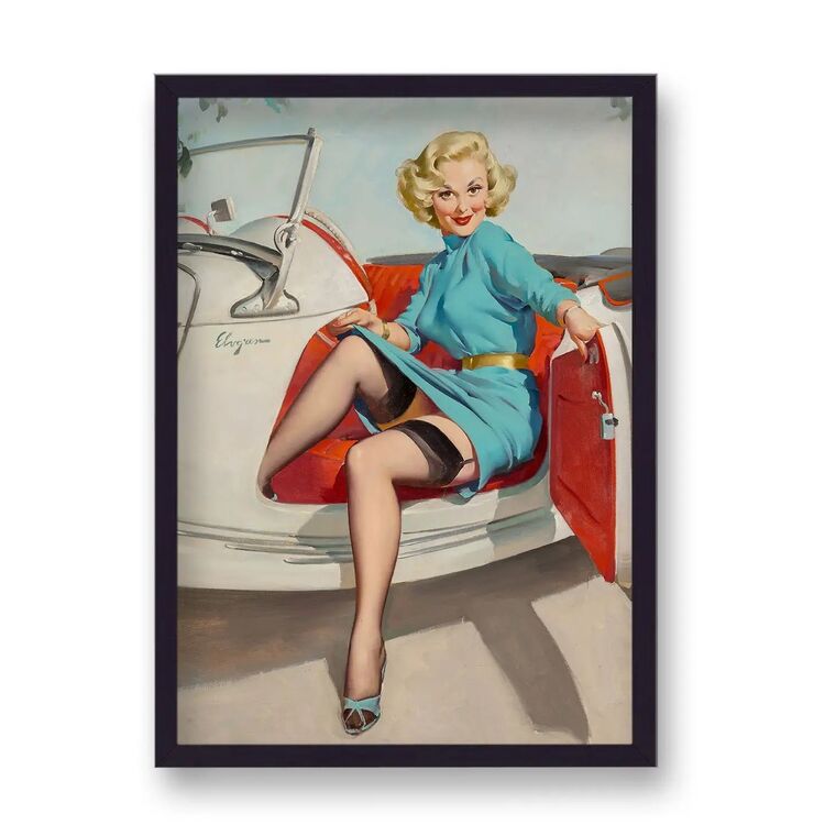 1960's Inspired Pin Up Girl Climbing from Vintage Sports Car Poster by Gil Elvgren