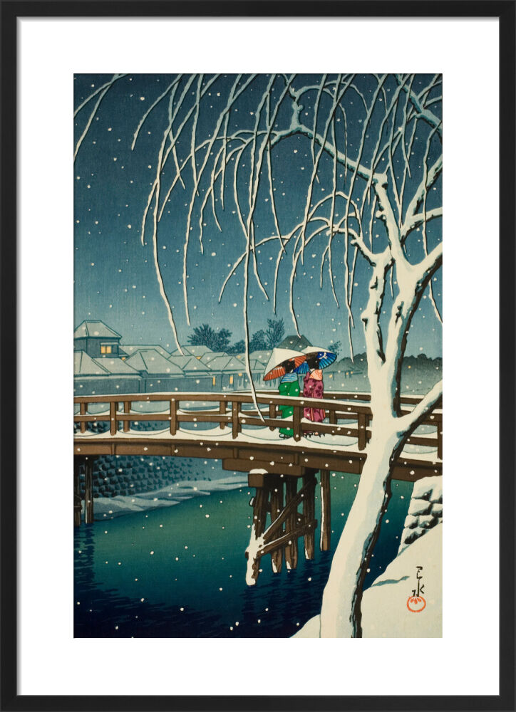 Evening Snow at Edo River Framed Art Print by Hasui Kawase