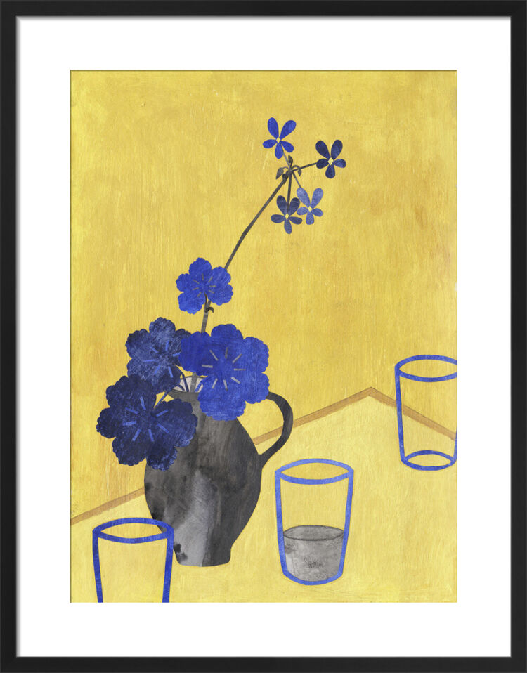 Blue Geranium on Yellow Table Framed Art Print by Bianca Harrington