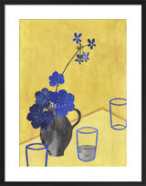 Blue Geranium on Yellow Table Framed Art Print by Bianca Harrington