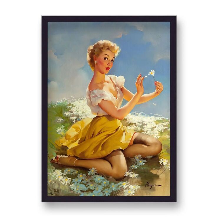 1960's Inspired Pin Up Girl in Meadow Pulling Petals from Daisy Poster by Gil Elvgren