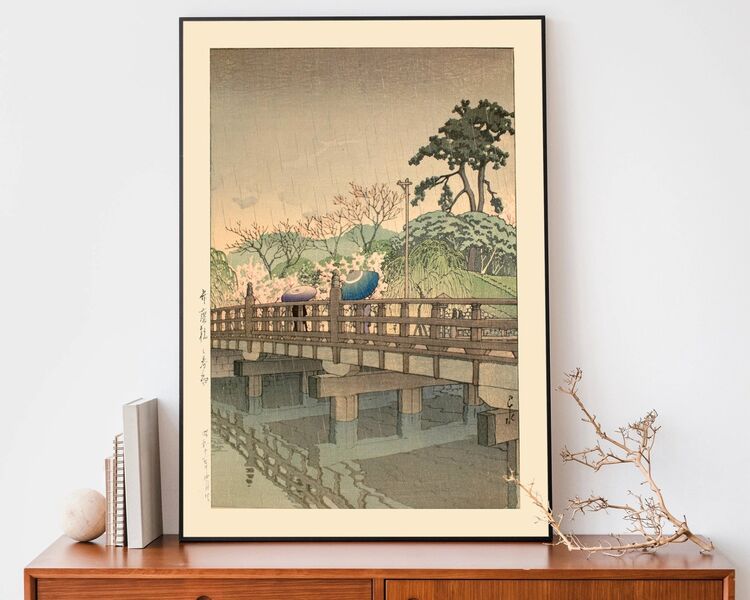 Spring Rain At Benkei Bridge Framed Art Print by Hasui Kawase