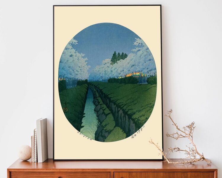 Cherry Blossoms in the Night Framed Art Print by Hasui Kawase