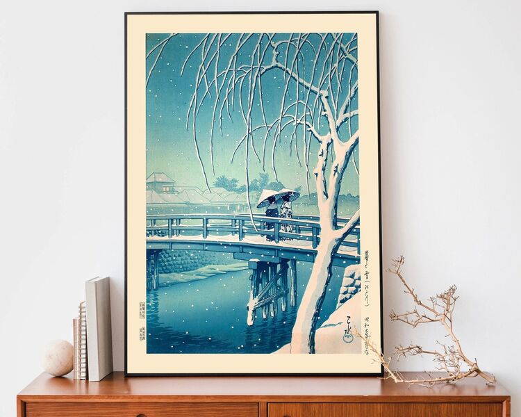 Evening Snow, Edo River Framed Art Print by Hasui Kawase