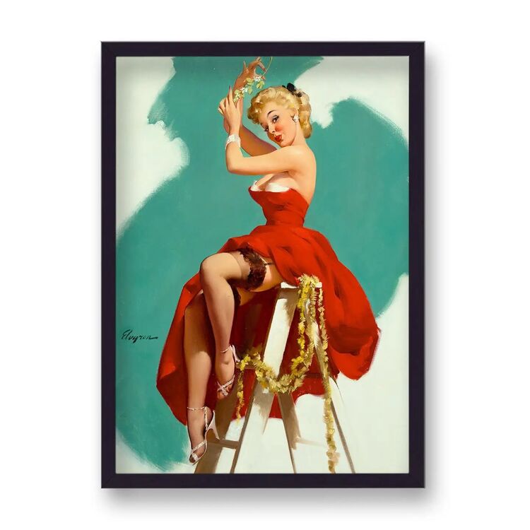 1960's Inspired Pin Up Girl in Red Gown On Step Ladder Poster by Gil Elvgren
