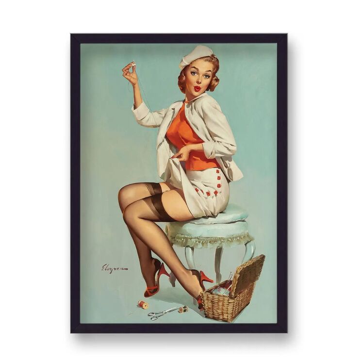 1960's Inspired Pin Up Girl Sewing Hem On Poster by Gil Elvgren