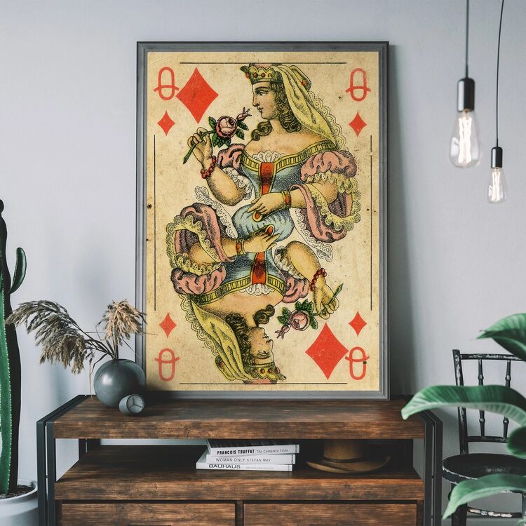 Vintage Playing Card Print - Queen of Diamonds Framed Art Print