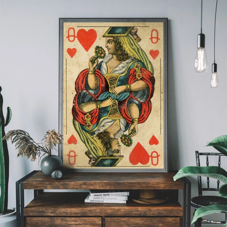 Vintage Playing Card Print - Queen of Hearts Framed Art Print
