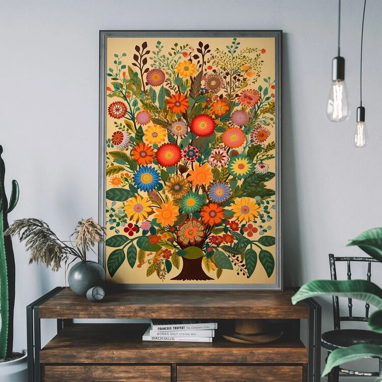 Folk Art Style Flowers Light Framed Art Print