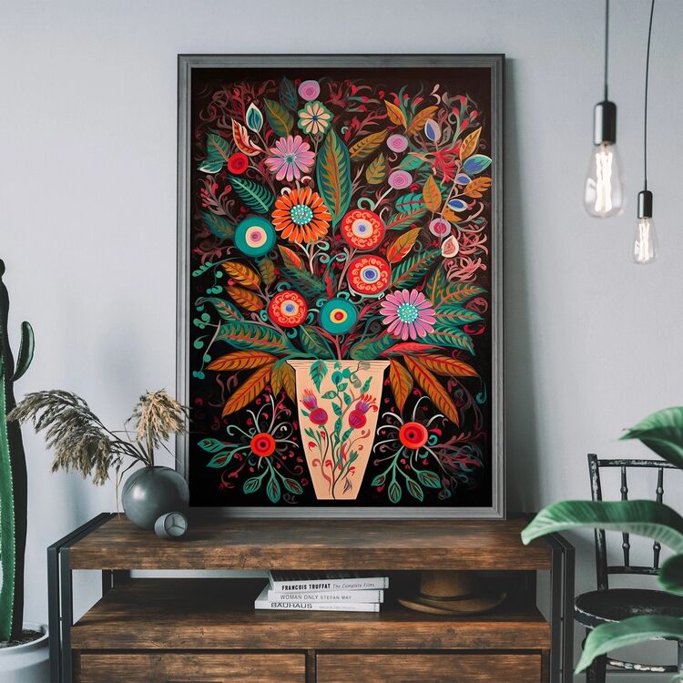 Folk Art Style Flowers Dark Framed Art Print