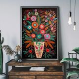 Folk Art Style Flowers Dark Framed Art Print