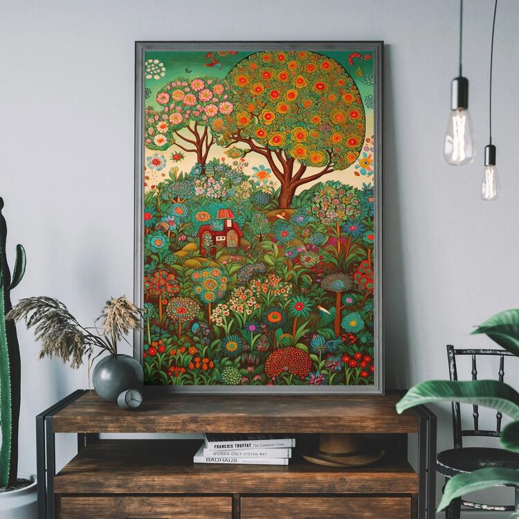Folk Art Style Illustrated Forest Framed Art Print