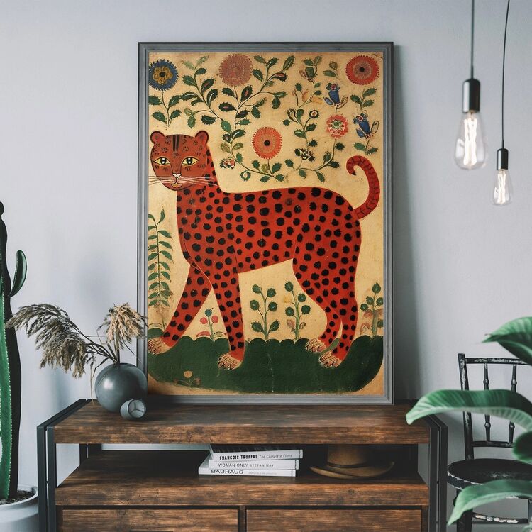 Folk Art Style Leopard Framed Art Print