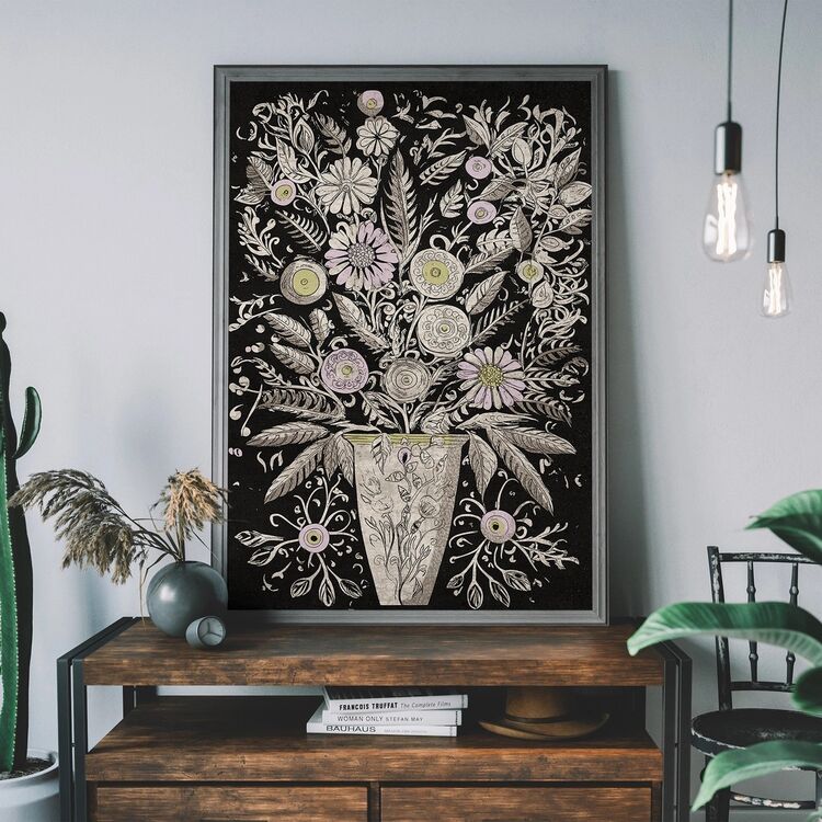 Folk Art Style Black and White Flowers Framed Art Print
