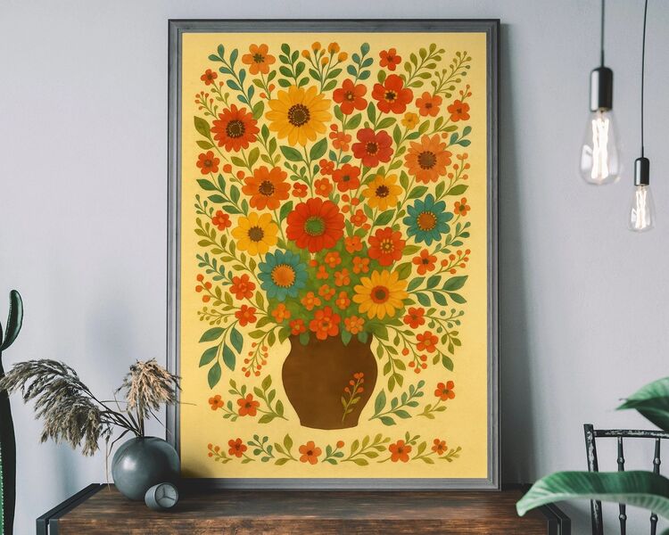 Folk Art Style Flowers Framed Art Print