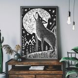 Folk Art Style Black and White Wolf Framed Art Print