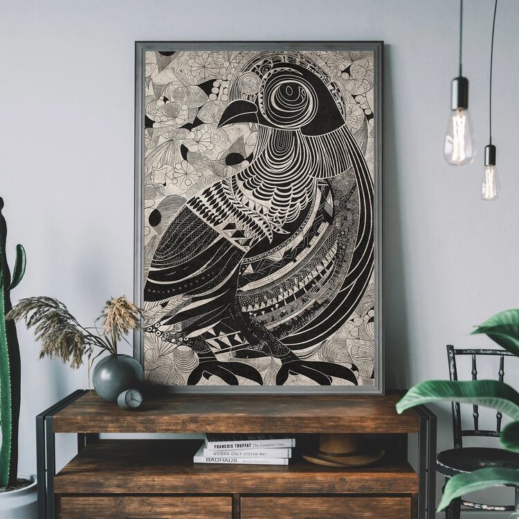Folk Art Style Black and White Bird Framed Art Print