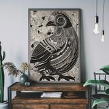 Folk Art Style Black and White Bird Framed Art Print