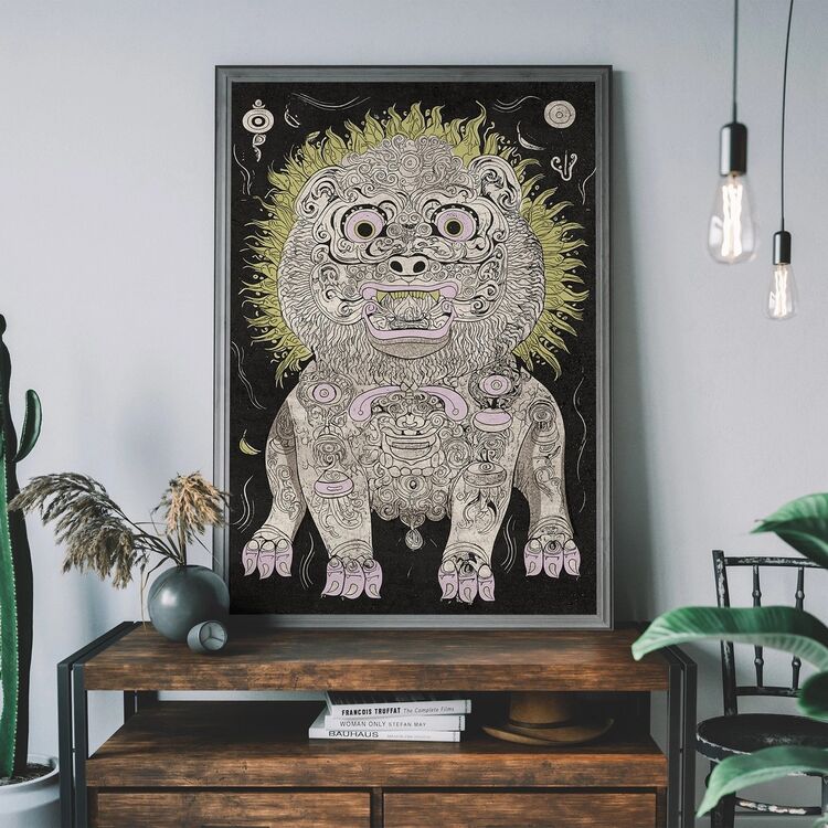 Folk Art Style Black and White Lion Framed Art Print