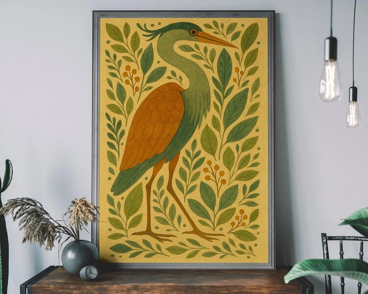 Folk Art Style Heron Framed Art Print