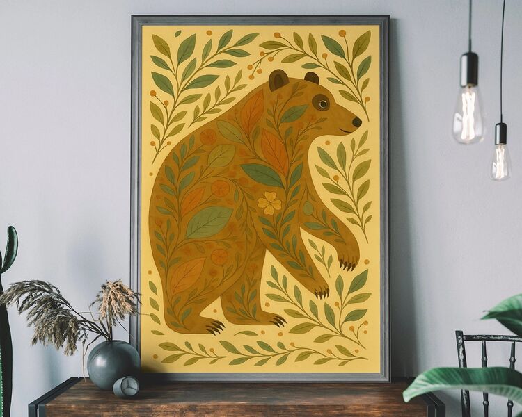 Folk Art Style Bear and Leaves Framed Art Print