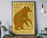 Folk Art Style Bear and Leaves Framed Art Print
