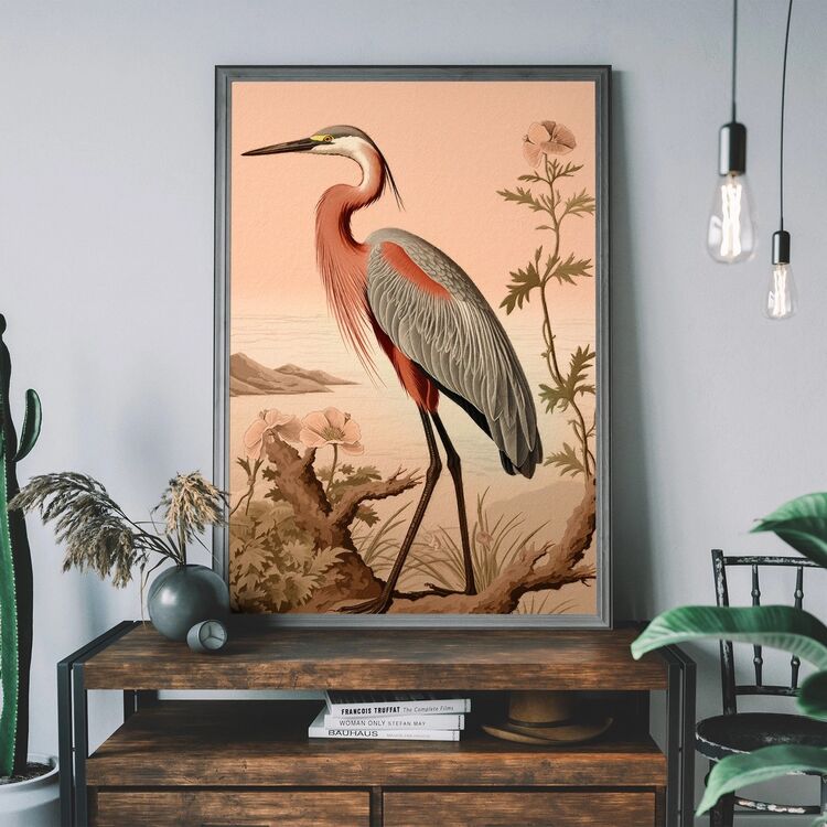 Folk Art Style Heron Illustration Peach Framed Art Print