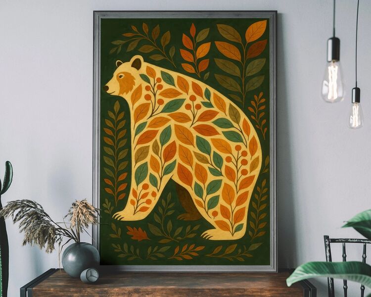 Folk Art Style Dark Green Bear Framed Art Print